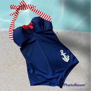 Cocoship pinup maritime naval one piece retro swimsuit, sz 10, striped ties,navy